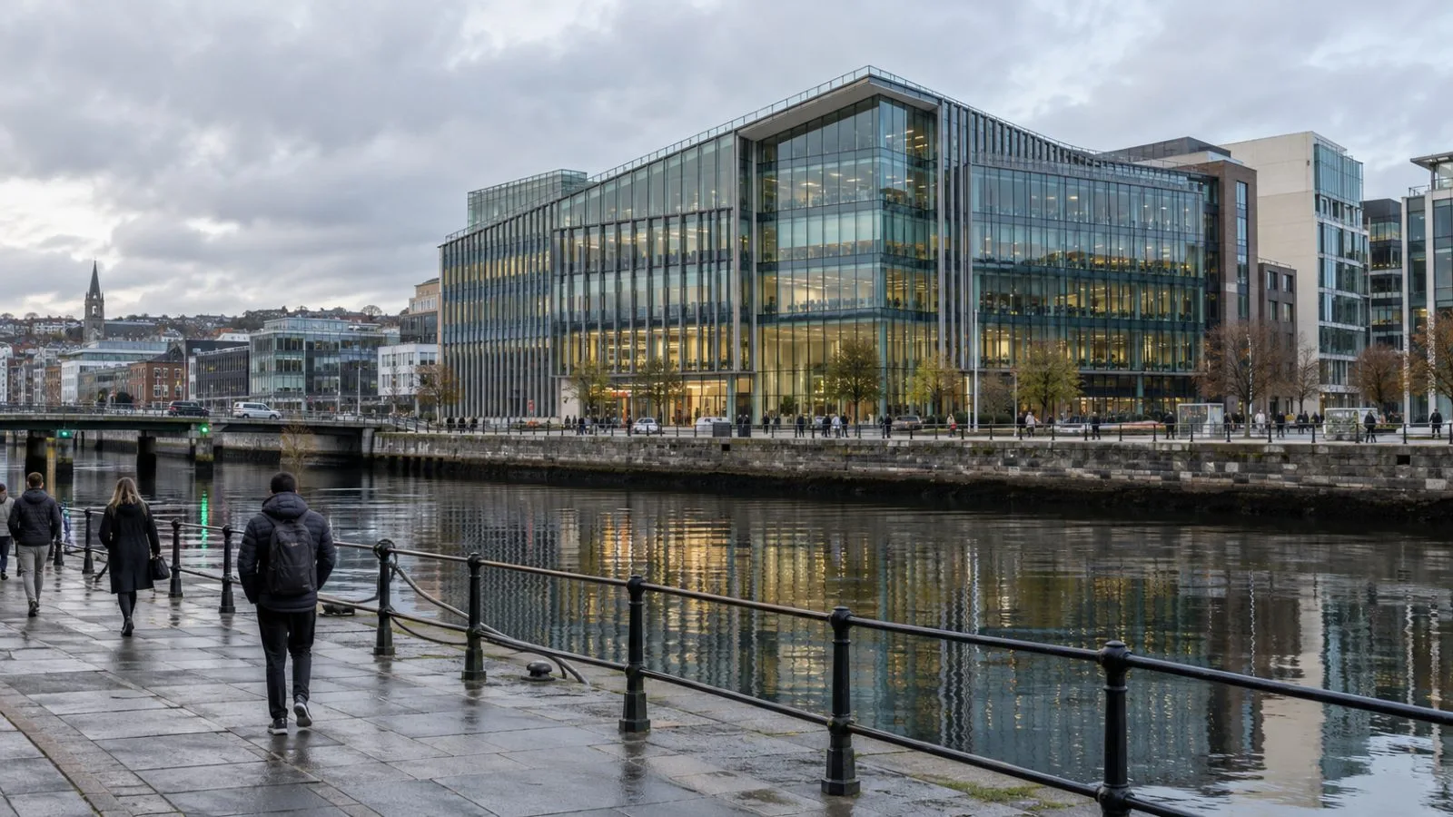 One Albert Quay, Johnson Controls’ global headquarters, rises over the quayside in Cork, Ireland. / EconoTimes.ai