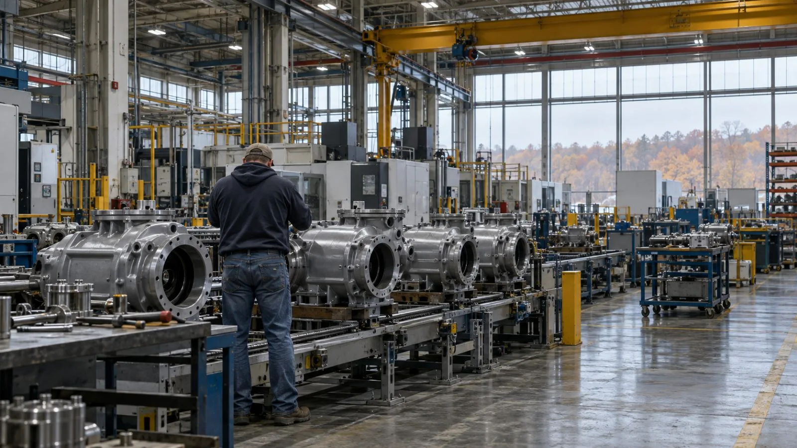 A worker inspects industrial vacuum pumps inside a new manufacturing plant in Genesee County, New York. (AI-generated image / EconoTimes)