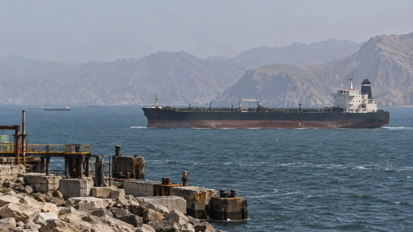 A tanker passes through the Strait of Hormuz off Bandar Abbas, Iran. (AI-generated image / EconoTimes)