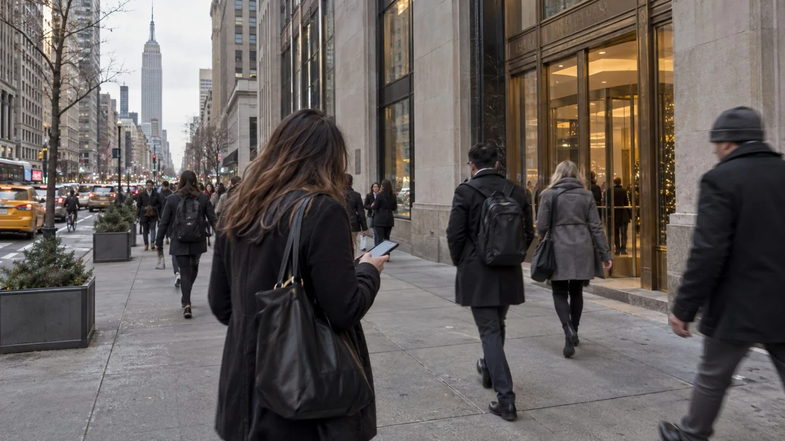 Pedestrians pass the entrance to 290 Harbor Drive in Stamford, Connecticut. / EconoTimes.ai