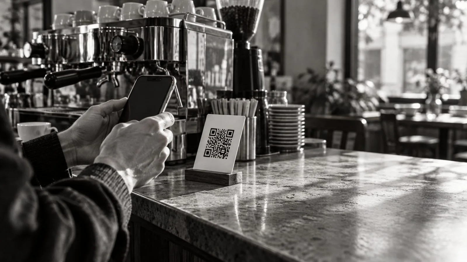 A customer checks a phone at a café table in Seoul's Yeouido district. / TokenPost.ai (mono)