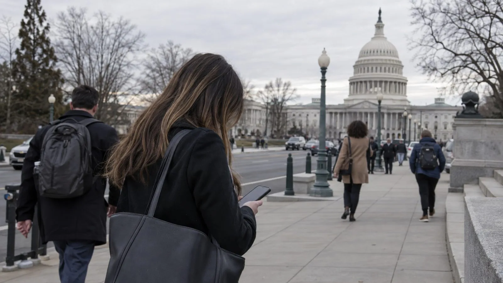 A passerby checks a phone near the U.S. Capitol in Washington, D.C. (AI-generated image / EconoTimes)