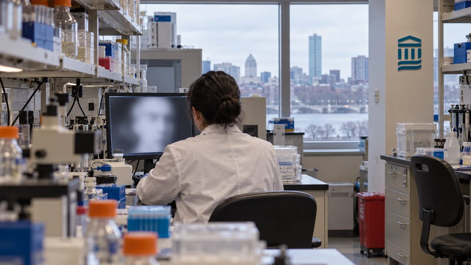 A researcher studies a blurred patient portrait on a monitor in a Boston oncology research room. / EconoTimes.ai