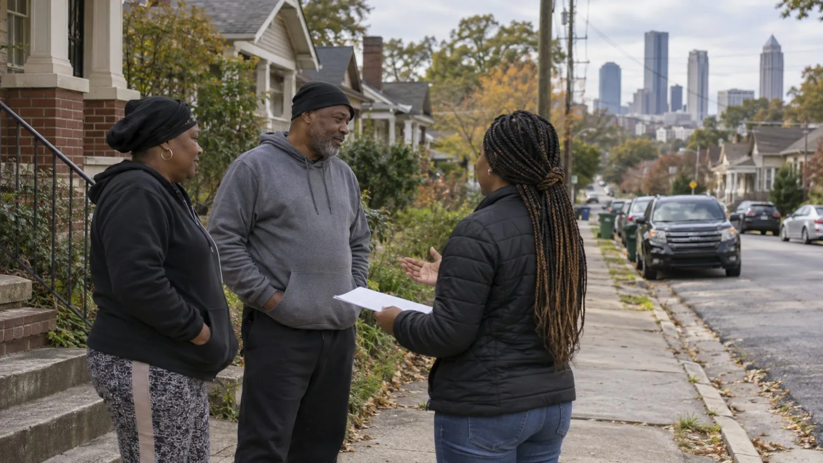 Residents speak with a volunteer during voter outreach on an Atlanta neighborhood sidewalk, Georgia. (AI-generated image / EconoTimes)