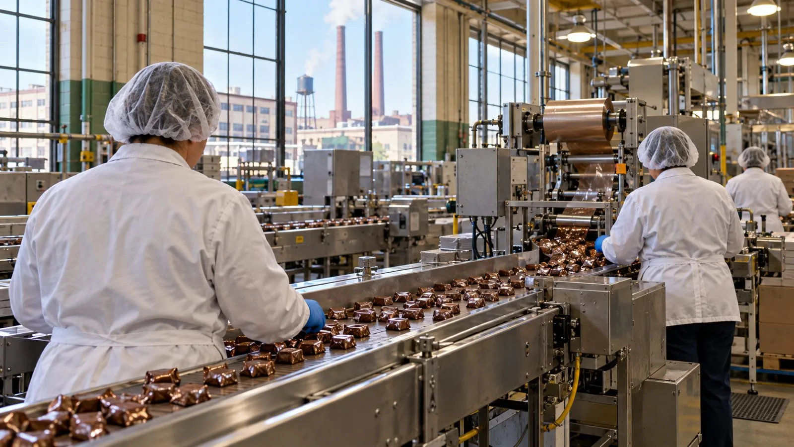 Packaged chocolate moves along a conveyor at a manufacturing plant in Hershey, Pennsylvania / EconoTimes.ai