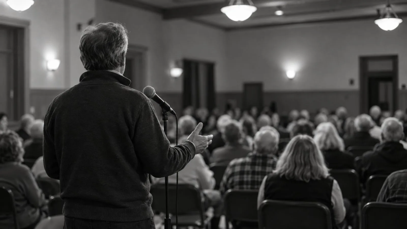 Audience members listen during a town hall in Flat Rock, Michigan. (AI-generated image / EconoTimes)
