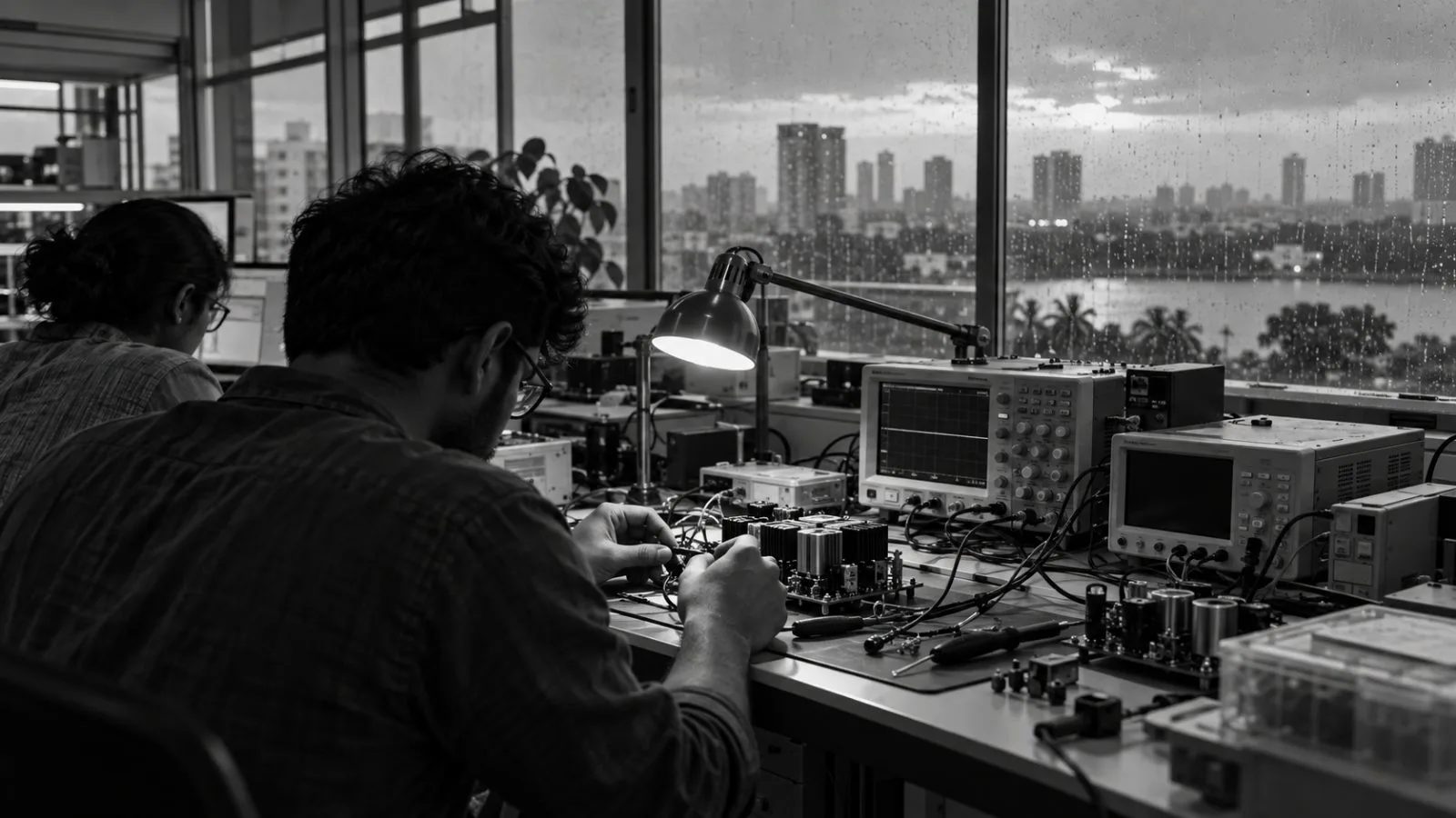Technicians inspect a power-management module at an engineering laboratory in Bengaluru, India (AI-generated image / EconoTimes)