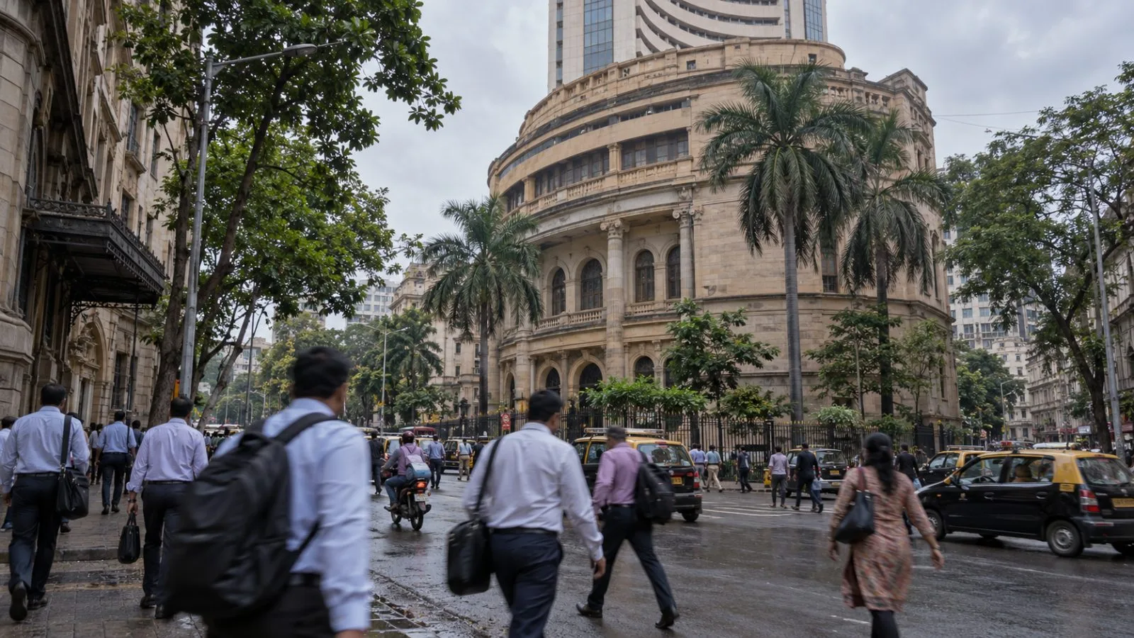 Commuters pass the Bombay Stock Exchange building on Dalal Street in Mumbai. (AI-generated image / EconoTimes)