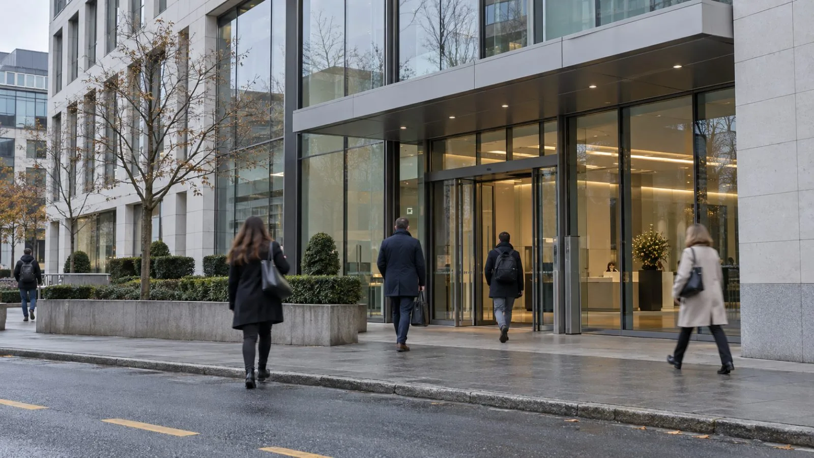 Pedestrians pass a building on Nordstrasse in Zug, Switzerland, under overcast skies. (AI-generated image / EconoTimes)