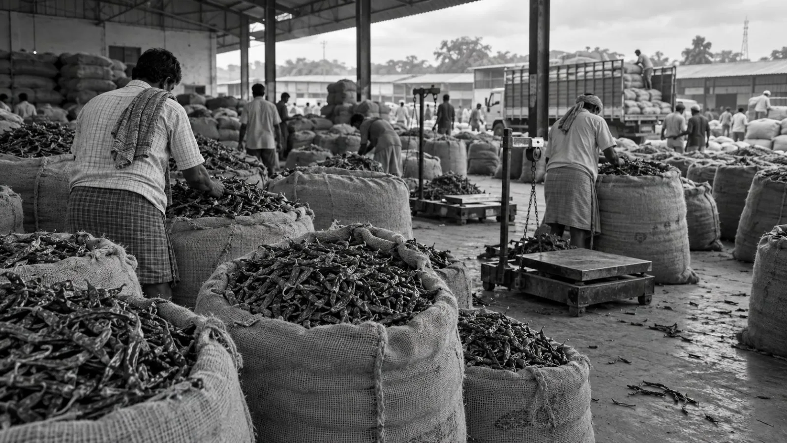 Workers inspect sacks of dried red chillies at a market in Guntur, India. (AI-generated image / EconoTimes)