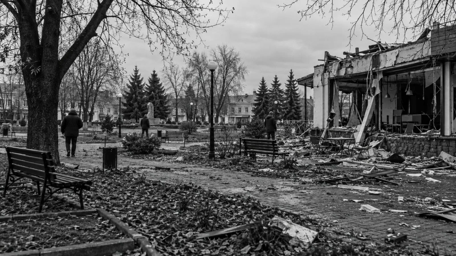 A damaged café and scattered debris mark the central park in Nova Vodolaha, Ukraine. (AI-generated image / EconoTimes)