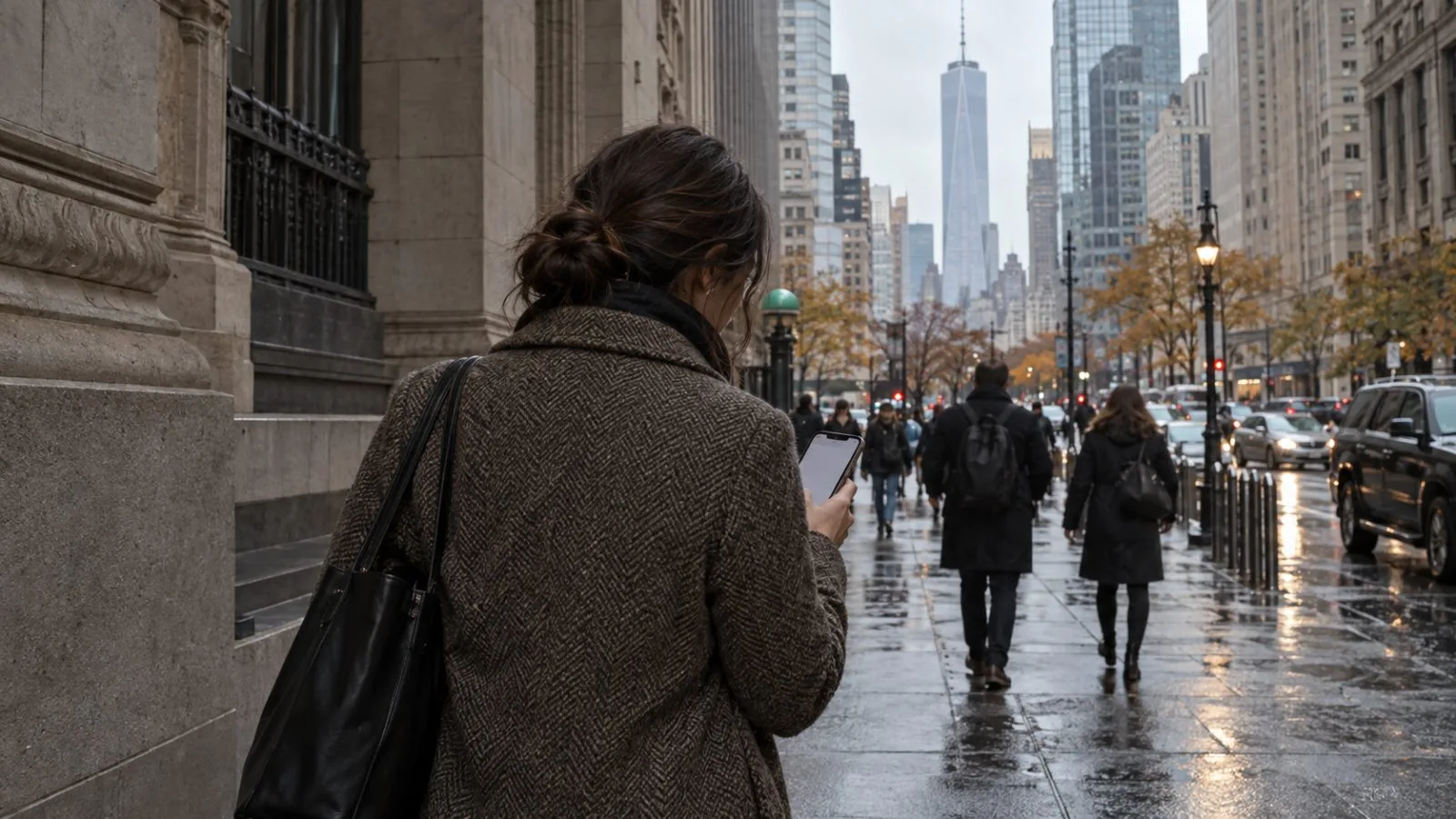 A commuter checks a phone on a Lower Manhattan sidewalk after light rain. (AI-generated image / EconoTimes)