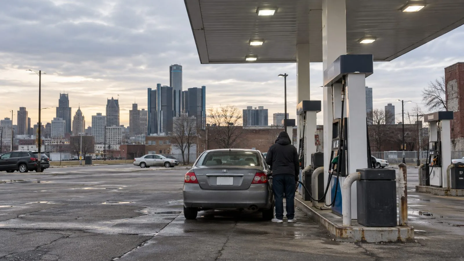 Motorists refuel at a gasoline station in Detroit, Michigan, beneath the canopy lights. (AI-generated image / EconoTimes)
