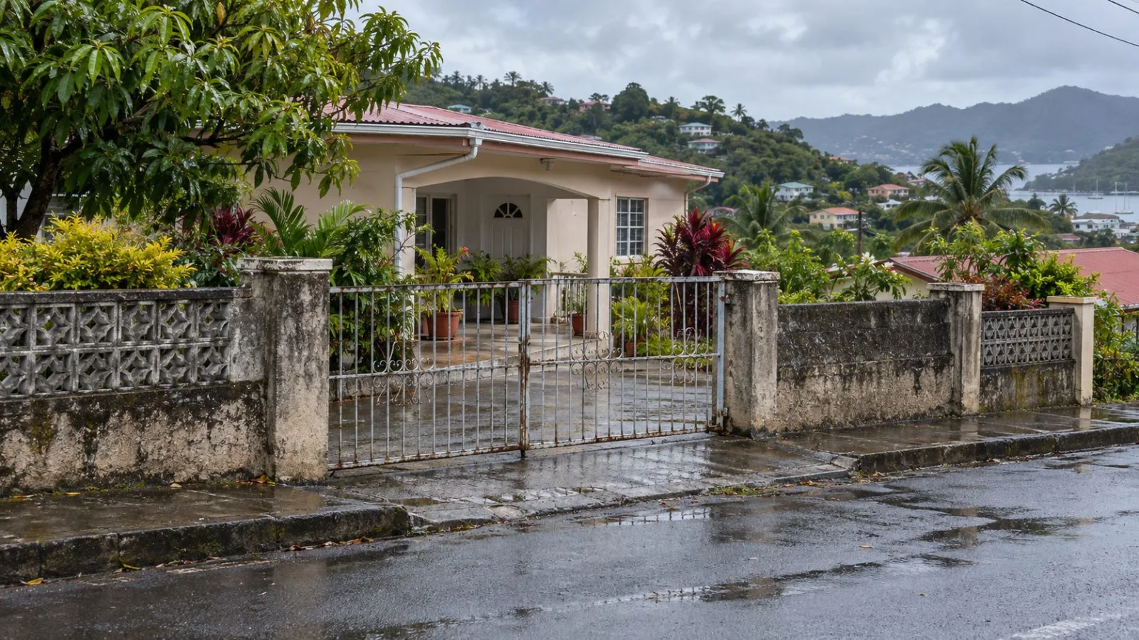 A modest residence stands behind a closed gate on a quiet street in St. George's, Grenada. (AI-generated image / EconoTimes)