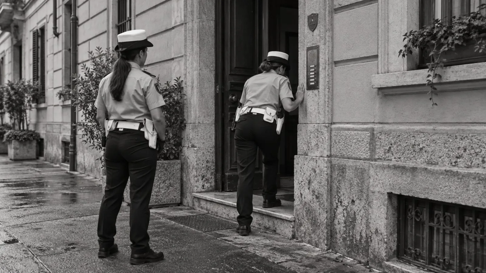 Italian officers enter a residential building during searches in Monza, Lombardy. / EconoTimes.ai