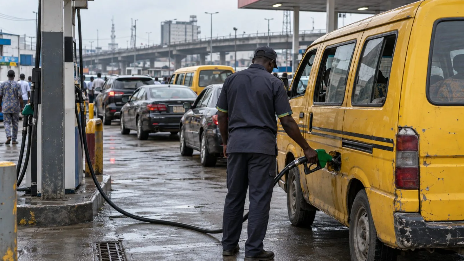 A fuel attendant fills a minibus at a roadside petrol station in Lagos, Nigeria (AI-generated image / EconoTimes)