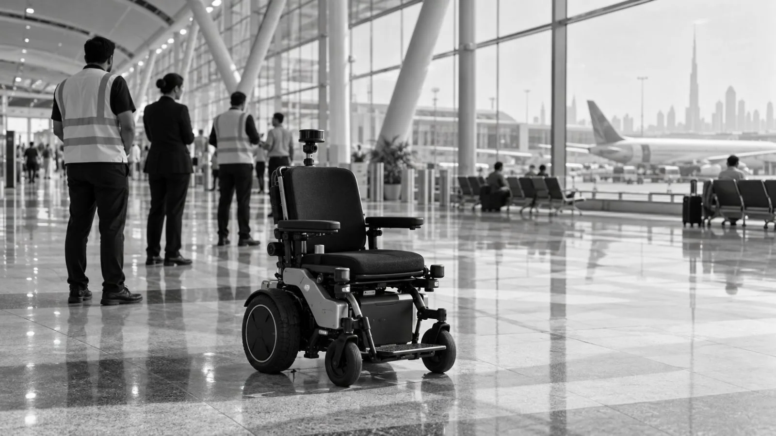 An unoccupied wheelchair sits near airport staff in Concourse D, Dubai International Airport. (AI-generated image / EconoTimes)