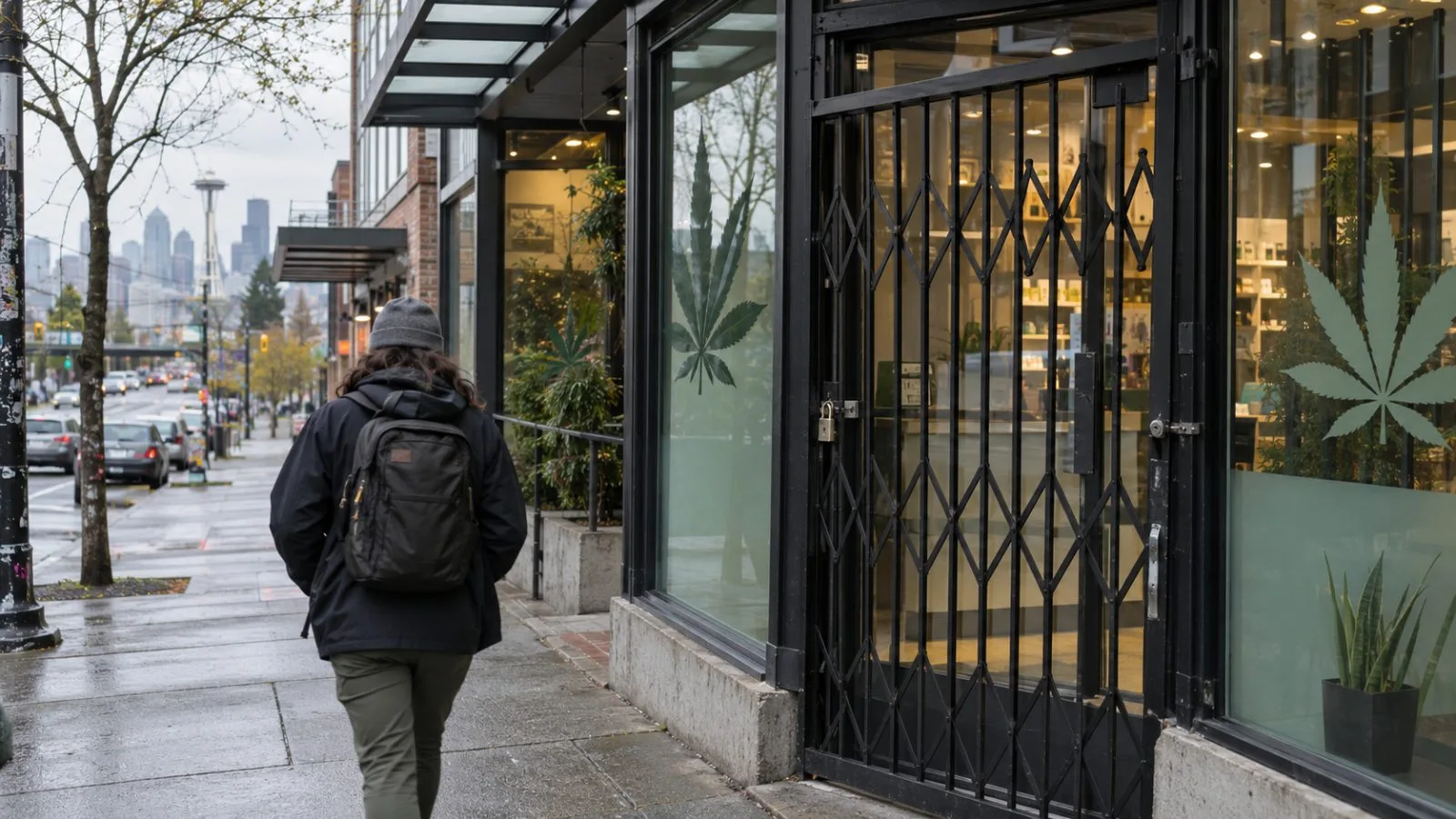 A cannabis retailer’s secured entrance faces a commercial street in Seattle, Washington. (AI-generated image / EconoTimes)