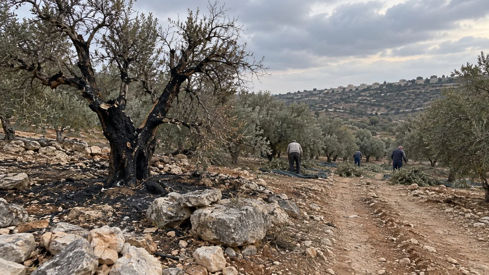 A scorched olive tree stands beside a rocky path near Abu Falah in the West Bank. (AI-generated image / EconoTimes)