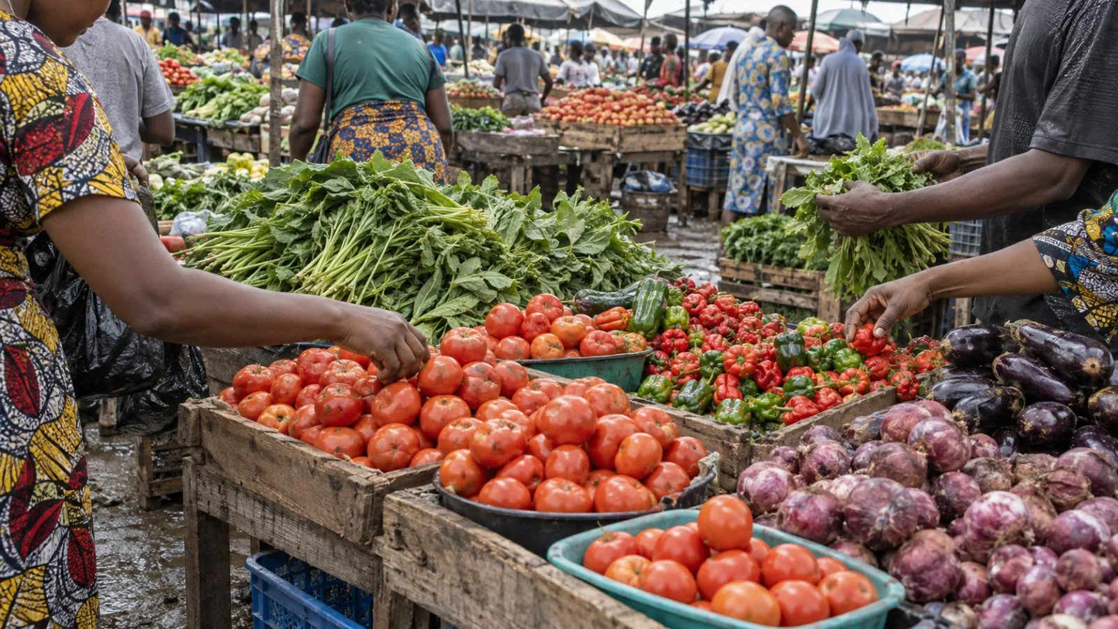 Shoppers examine vegetables at a crowded produce market in Abuja, Nigeria. (AI-generated image / EconoTimes)