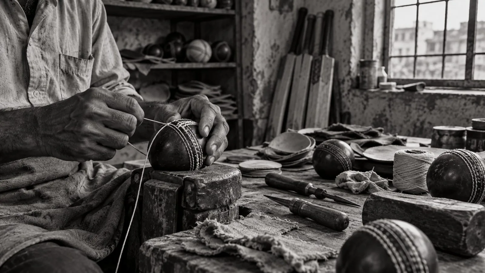 A worker stitches a cricket ball at a sports goods workshop in Jalandhar, India (AI-generated image / EconoTimes)