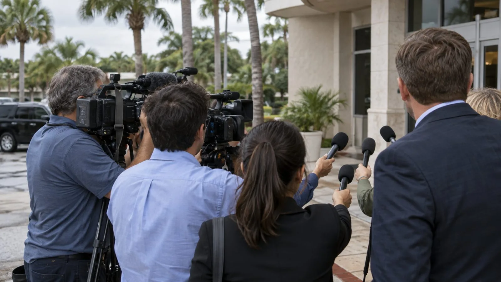 Microphones and cameras face an unseen speaker outside a Florida venue. (AI-generated image / EconoTimes)