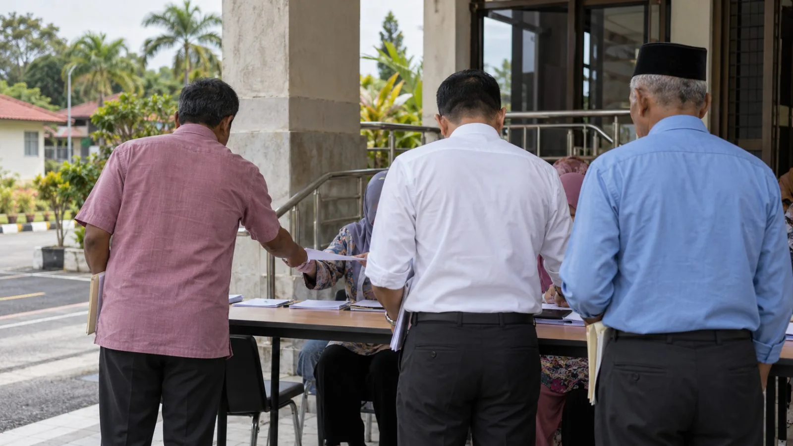 Election officials receive nomination papers at a hall in Tanjung Bidara, Melaka, Malaysia. (AI-generated image / EconoTimes)