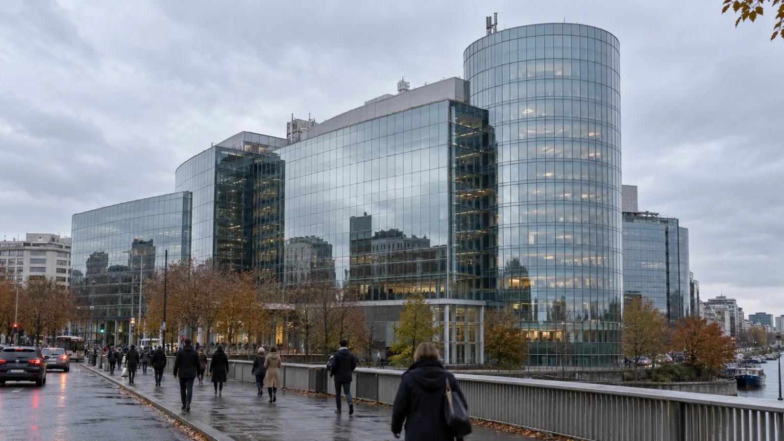 TF1’s headquarters stands in Boulogne-Billancourt, outside Paris, on an overcast autumn afternoon. (AI-generated image / EconoTimes)