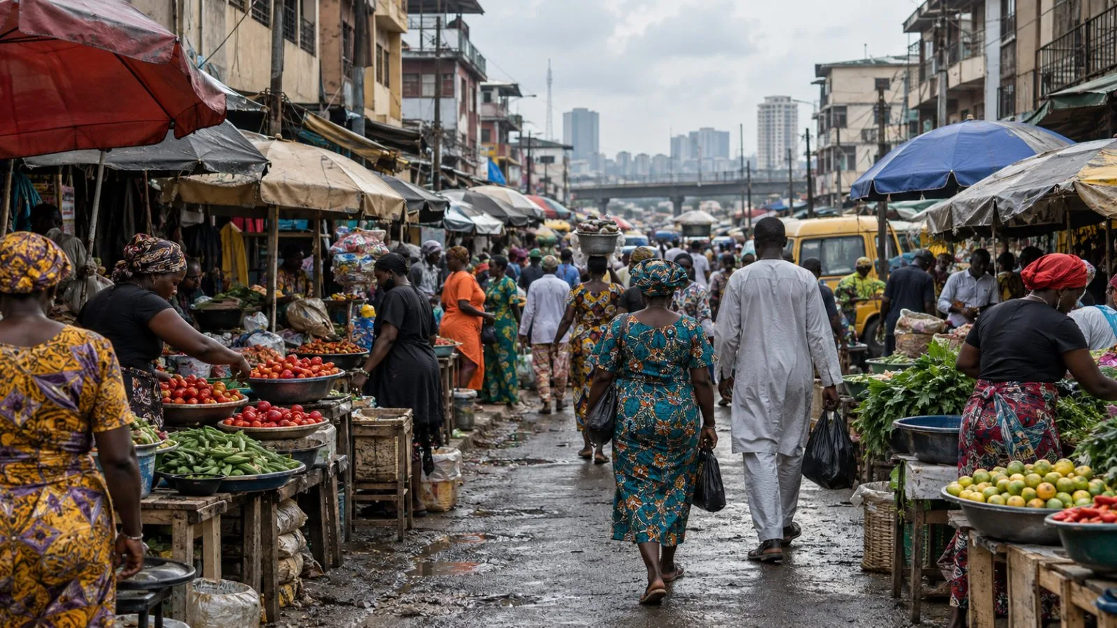 Traders serve customers along a crowded market street in Lagos, Nigeria. (AI-generated image / EconoTimes)