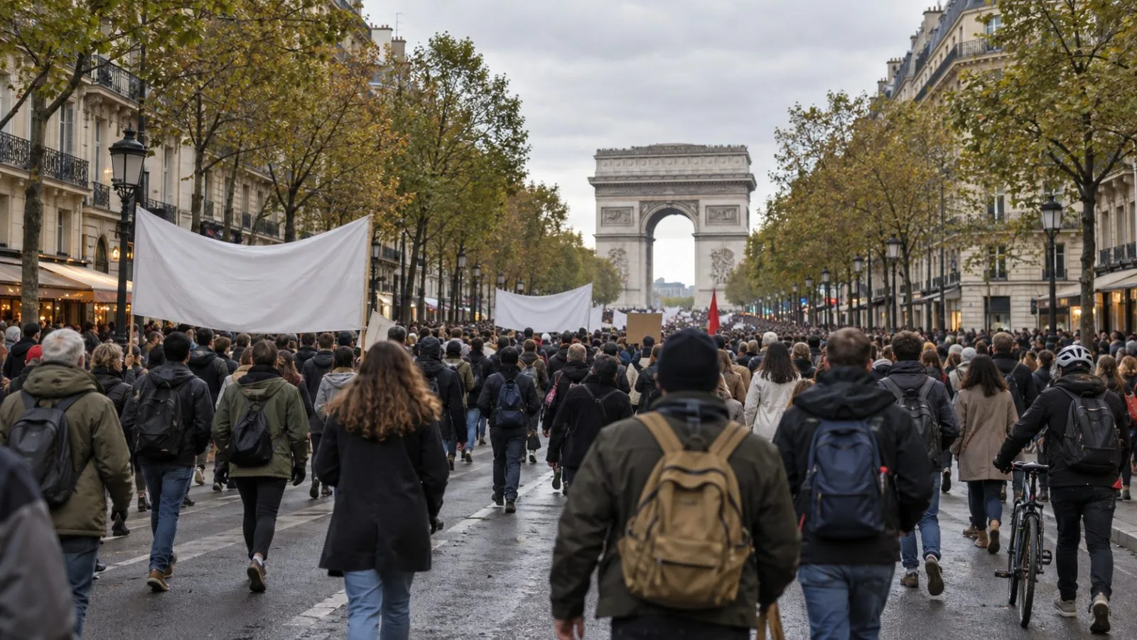 Demonstrators walk along a Paris boulevard during a protest, with storefronts lining the street. (AI-generated image / EconoTimes)