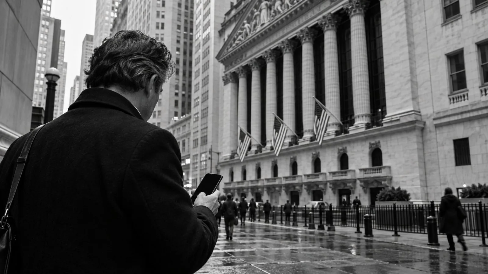 An investor checks a phone outside the New York Stock Exchange in lower Manhattan (AI-generated image / EconoTimes)