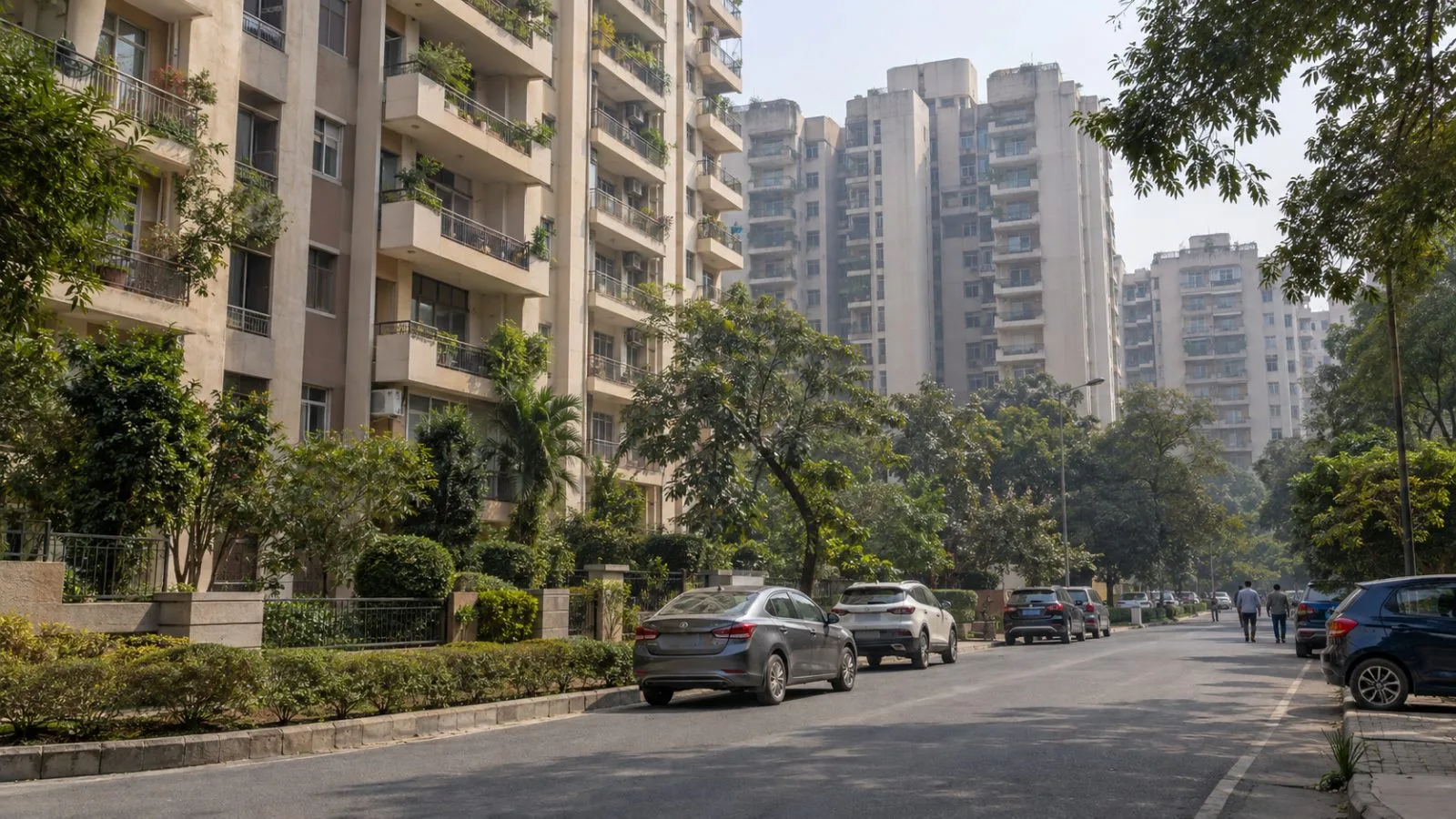 Apartment towers stand along Africa Avenue Marg in Sarojini Nagar, New Delhi. (AI-generated image / EconoTimes)