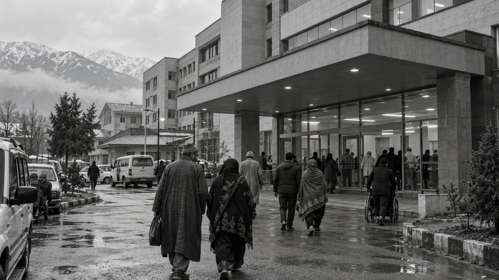 Patients enter a hospital in Srinagar, India, on an overcast morning. (AI-generated image / EconoTimes)