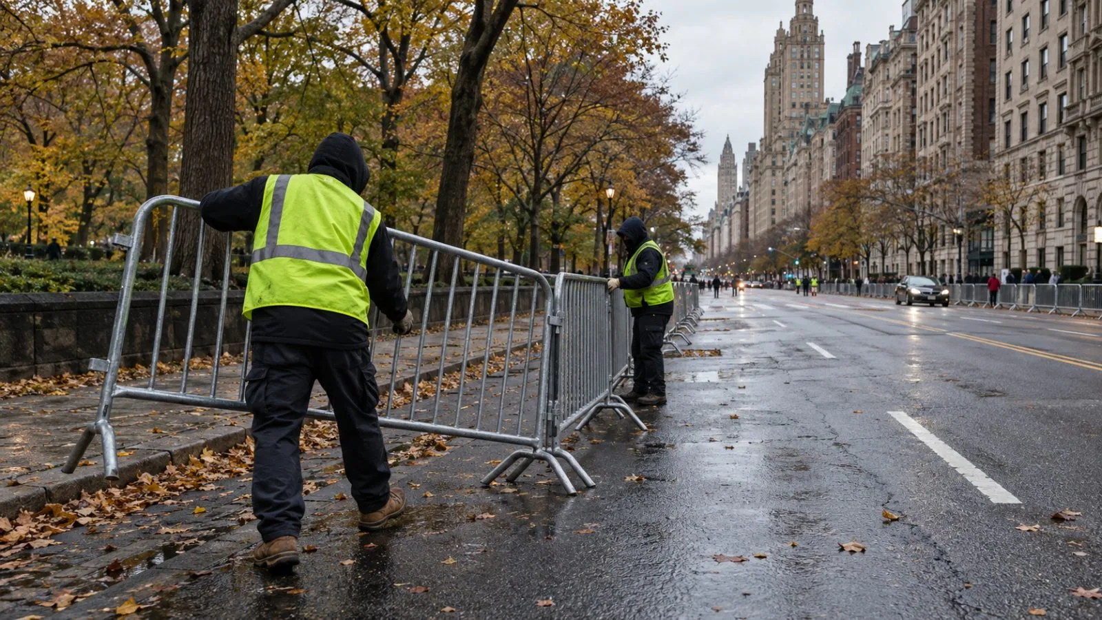 Workers position race barriers along Central Park West near the marathon finish in New York. (AI-generated image / EconoTimes)