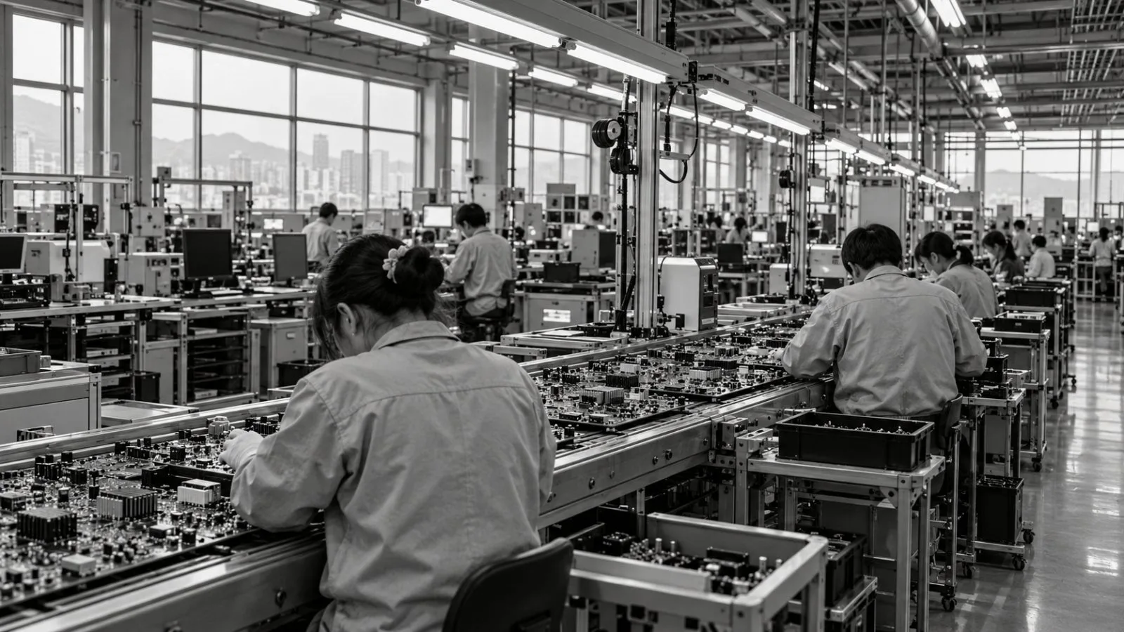 Workers inspect circuit boards on an electronics assembly line in Hsinchu, Taiwan. (AI-generated image / EconoTimes)