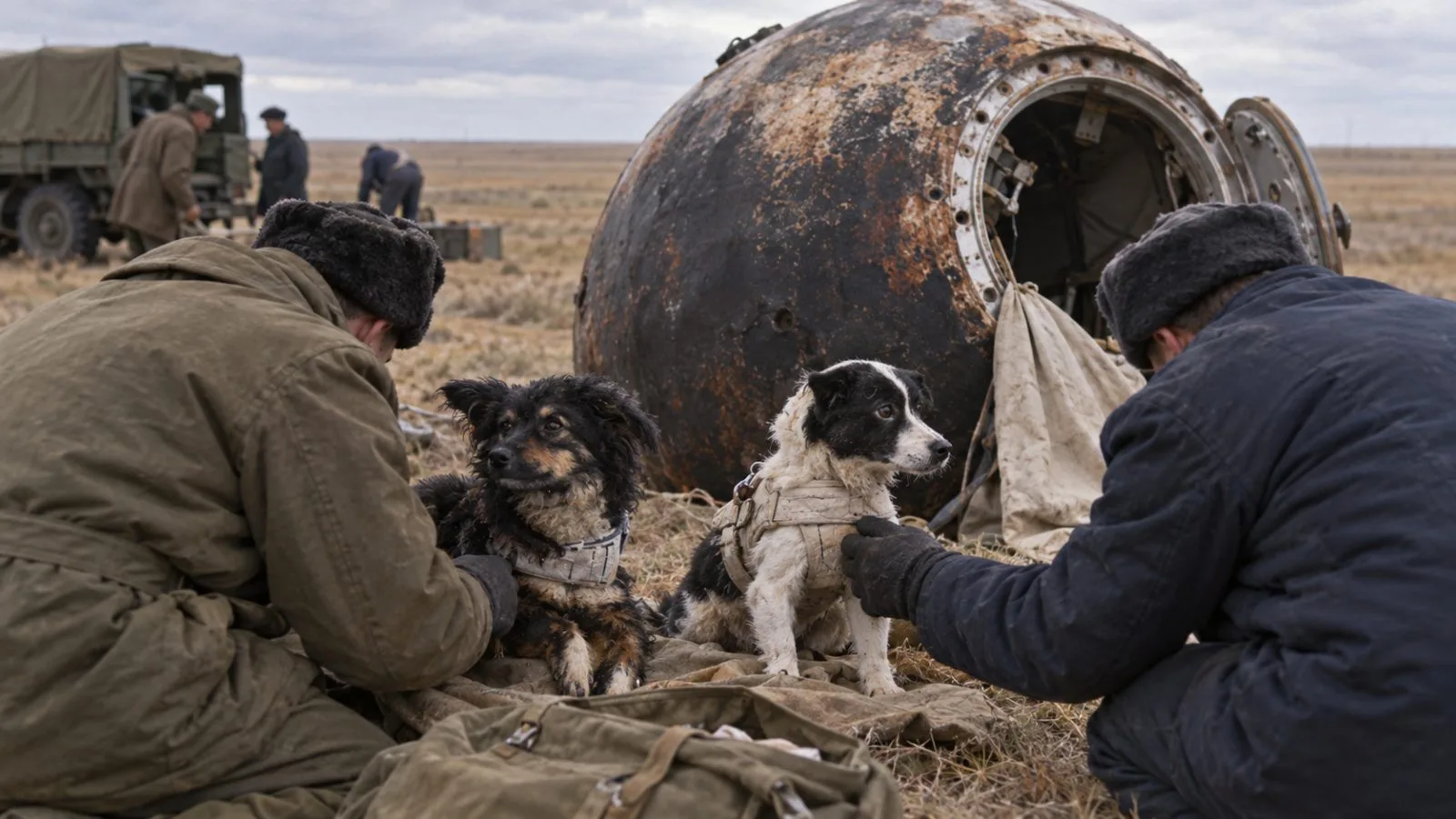 Recovery workers check two dogs beside their capsule in a field southeast of Saratov, Soviet Union. / EconoTimes.ai
