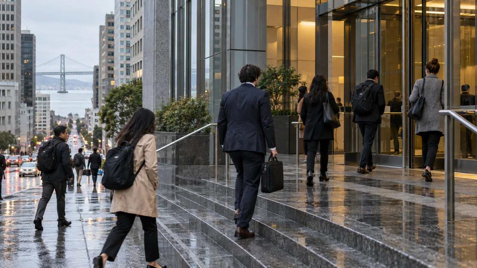 Office workers enter a downtown technology building in San Francisco, California, on a rainy morning. / EconoTimes.ai