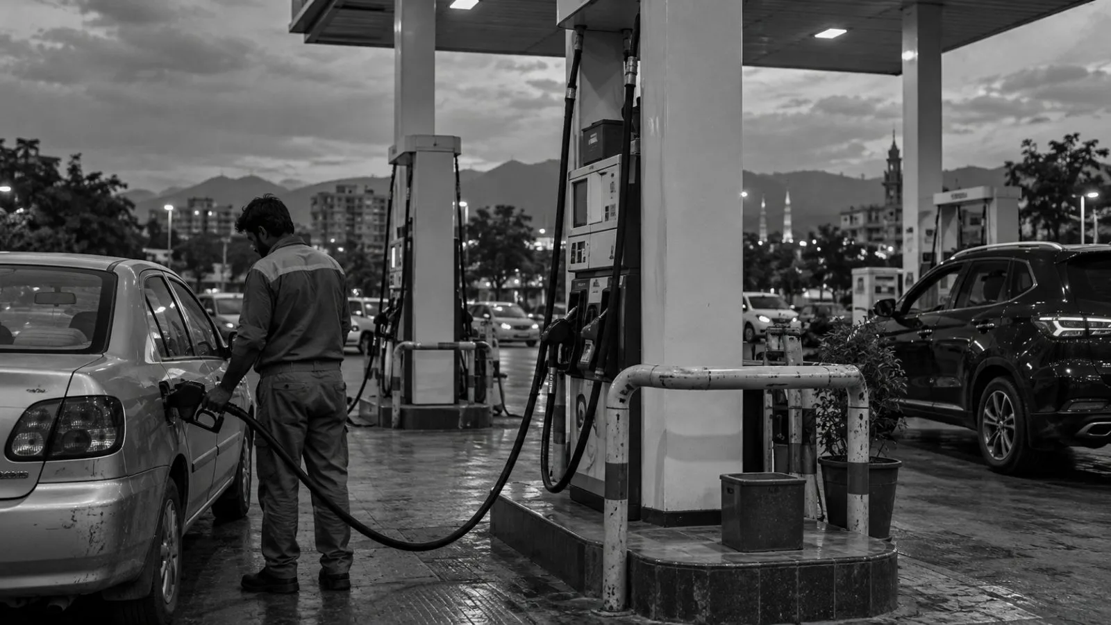 A worker refuels a car at a petrol station in Islamabad, Pakistan, as dusk settles over the city (AI-generated image / EconoTimes)