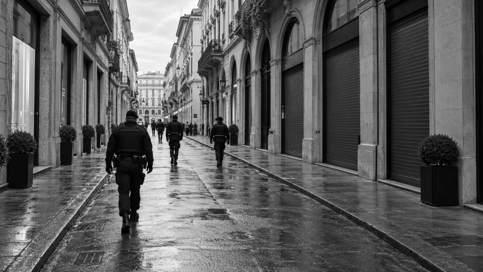 Police patrol past closed storefronts on Via Montenapoleone in Milan, Italy. (AI-generated image / EconoTimes)