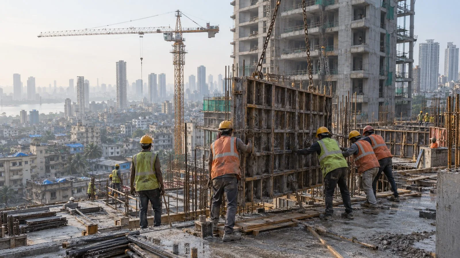 Workers guide concrete formwork at a residential construction site in Mumbai, India. (AI-generated image / EconoTimes)