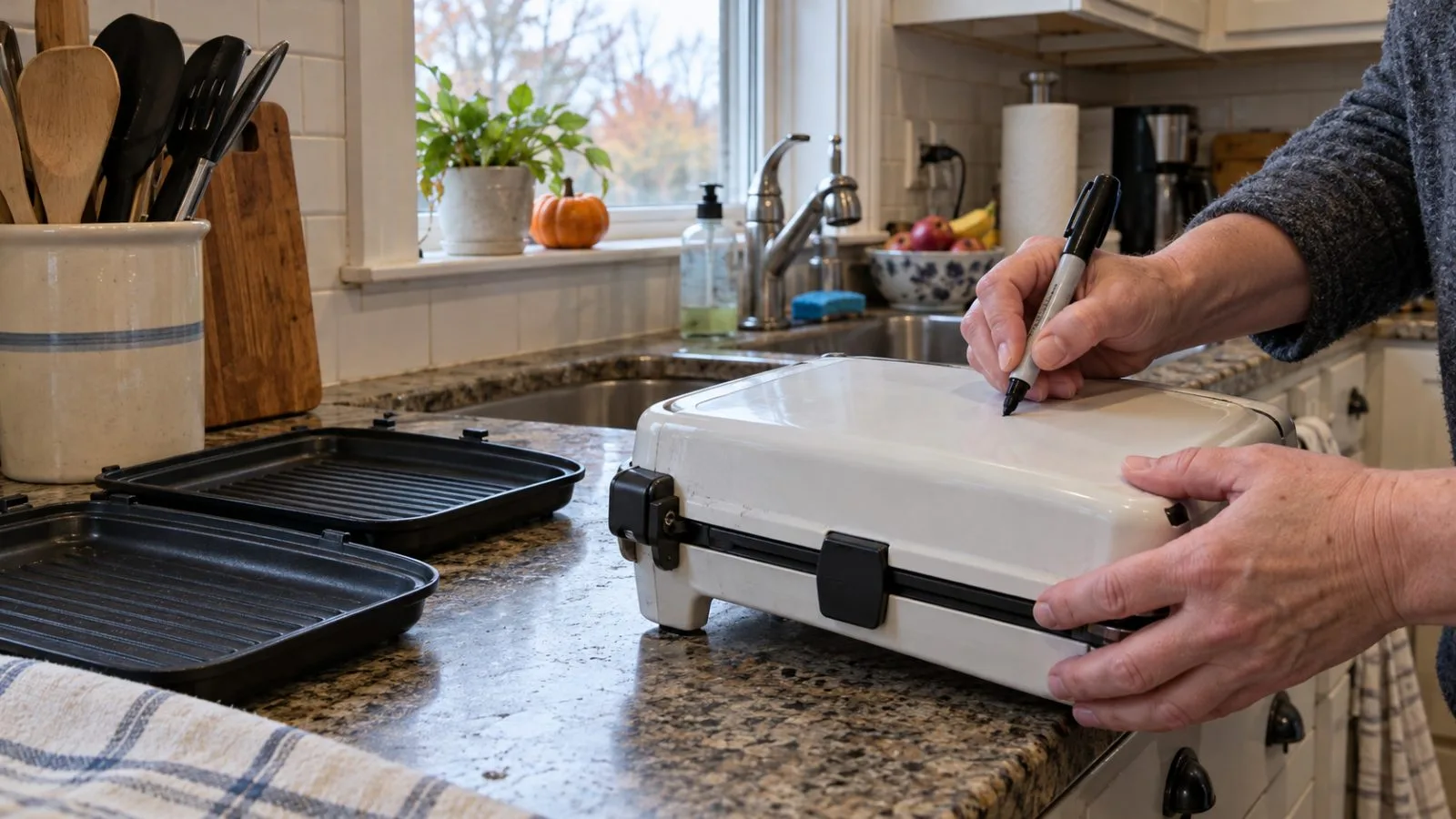 Hands mark a white microwave griller for return in a Billerica, Massachusetts kitchen. (AI-generated image / EconoTimes)