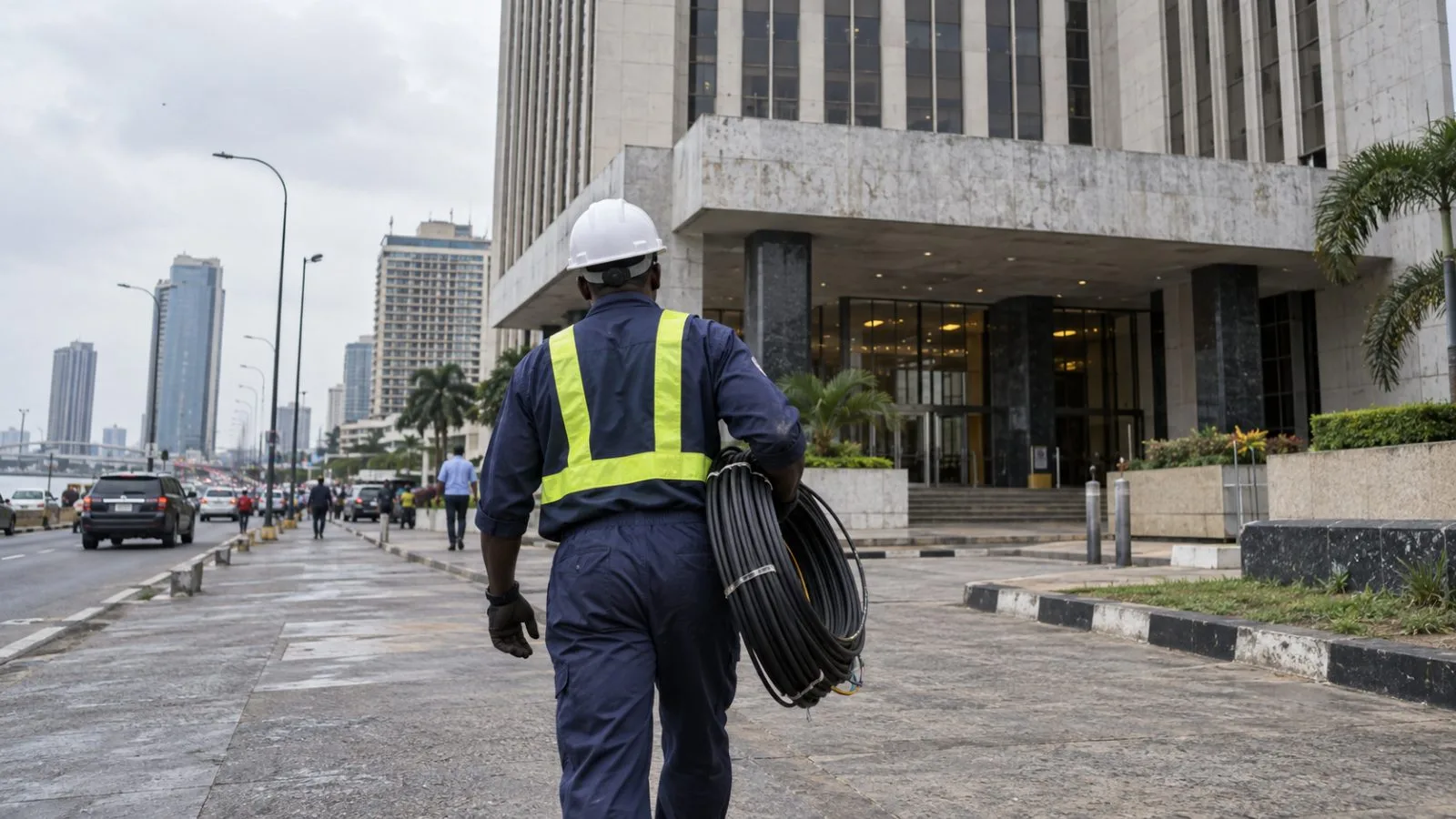 A technician carries fiber-optic cable toward NECOM House in Lagos, Nigeria. (AI-generated image / EconoTimes)