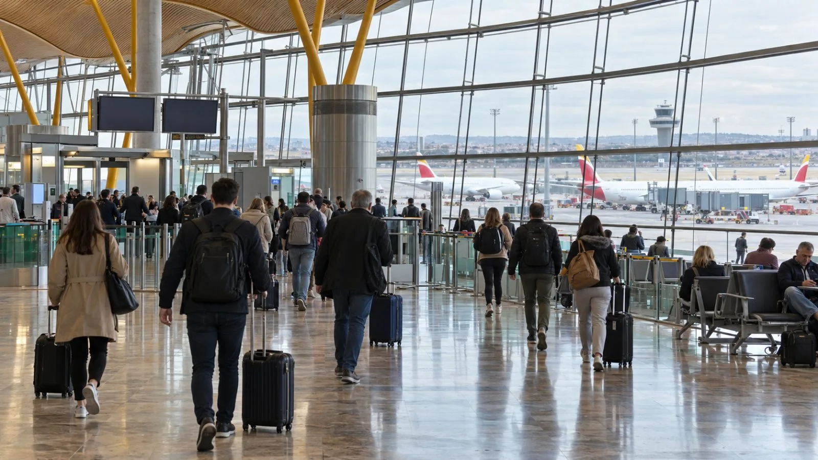 Travelers move through the departures hall at Adolfo Suárez Madrid-Barajas Airport in Madrid, Spain. (AI-generated image / EconoTimes)