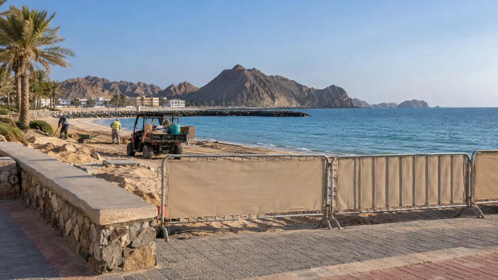 A barrier closes the sandy entrance to Dibba Al Hisn Beach in Sharjah, United Arab Emirates (AI-generated image / EconoTimes)