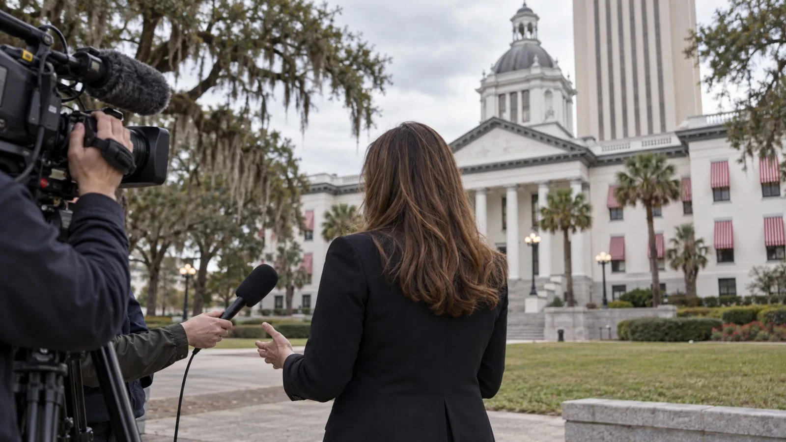 An interview crew works on the Florida Historic Capitol grounds in Tallahassee, Florida. (AI-generated image / EconoTimes)