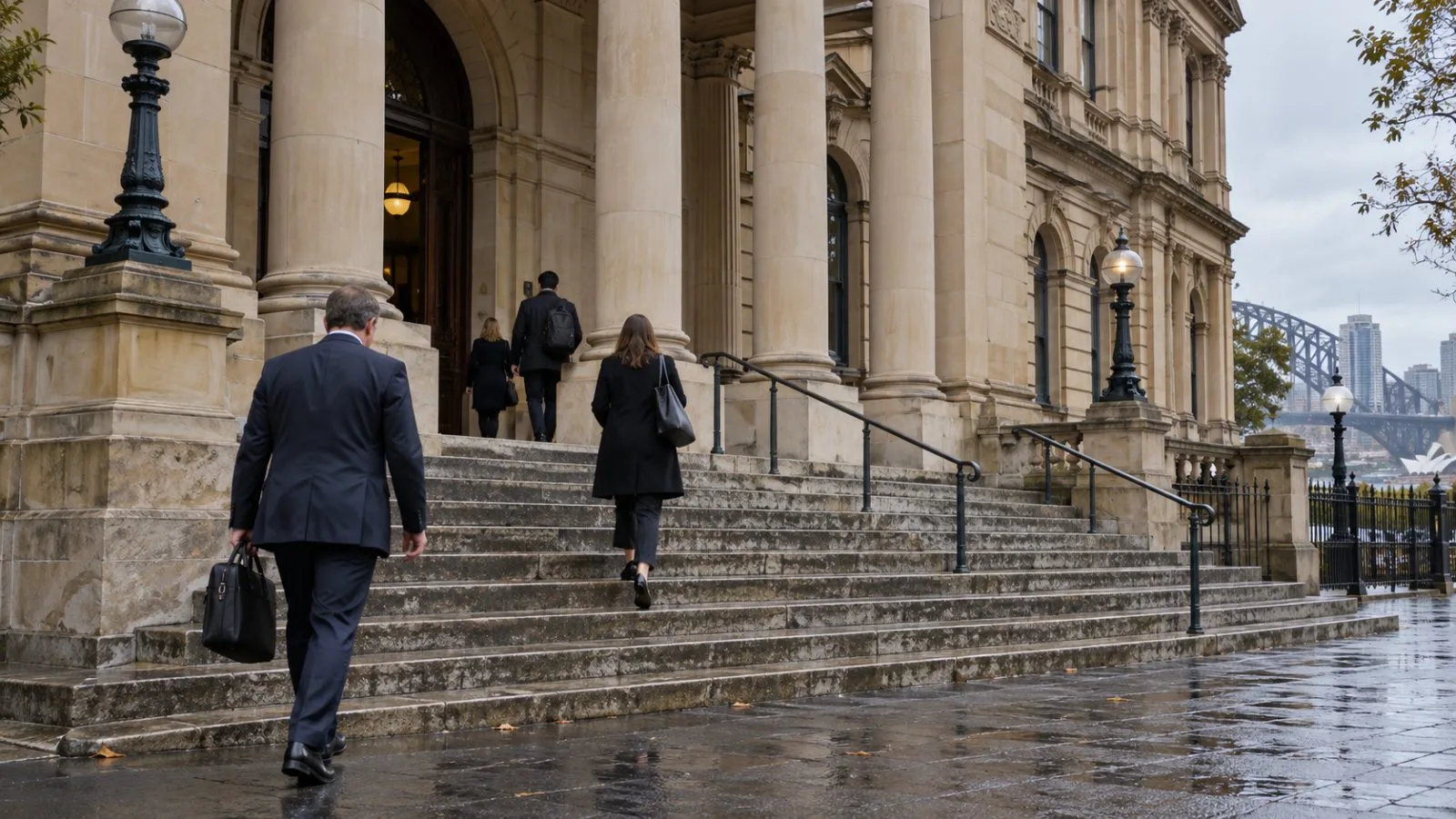 Visitors enter a courthouse in Sydney, Australia, on an overcast morning. (AI-generated image / EconoTimes)