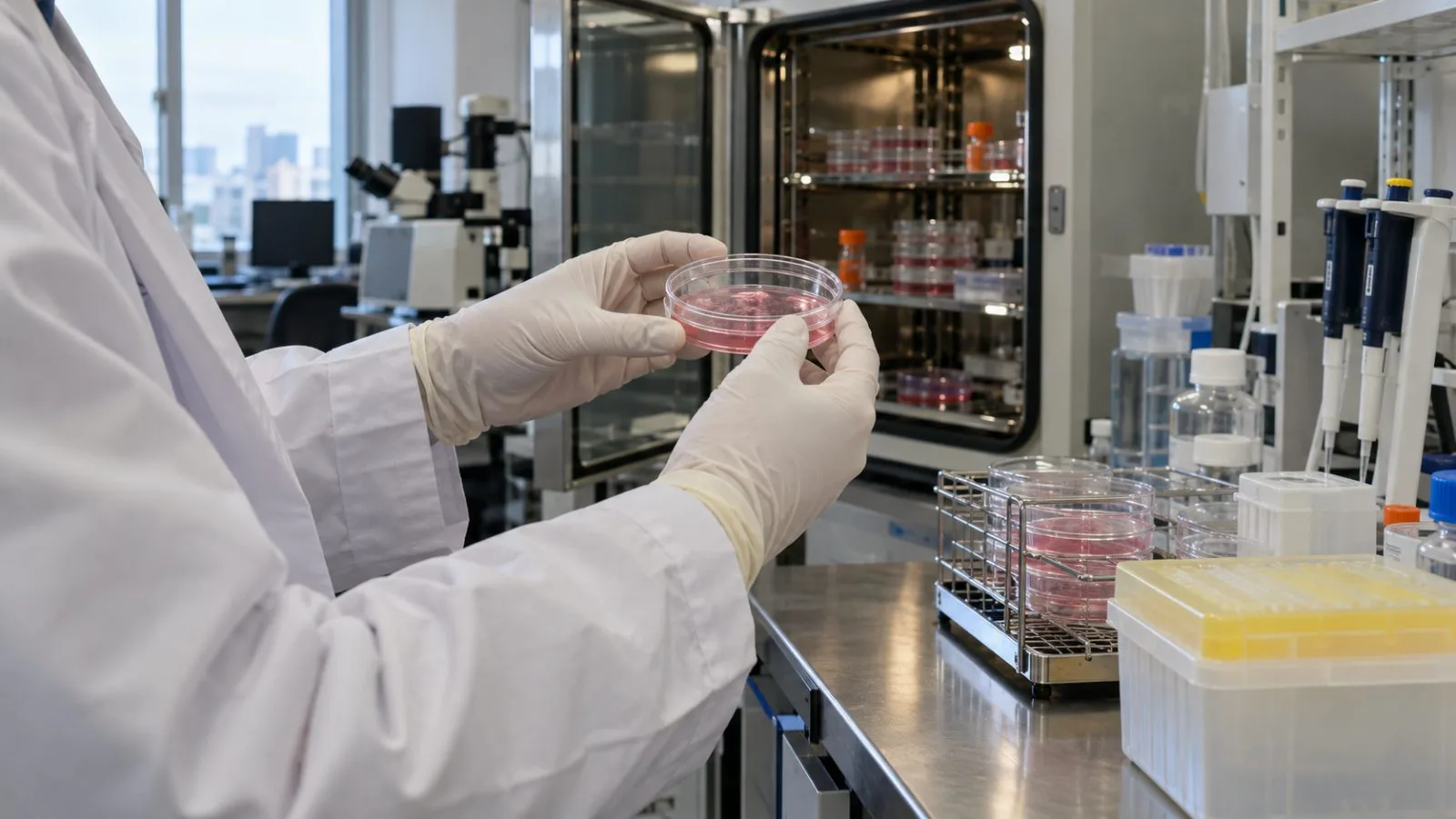 Gloved hands handle a cell-culture dish in a biomedical laboratory at Institute of Science Tokyo, Tokyo. (AI-generated image / EconoTimes)