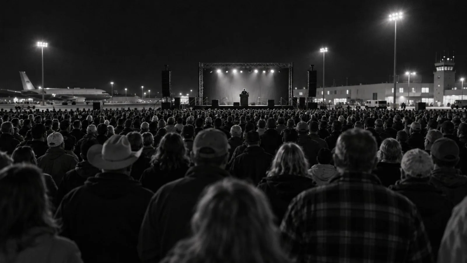 Attendees face a rally stage at Pitt-Greenville Airport in Greenville, North Carolina (AI-generated image / EconoTimes)