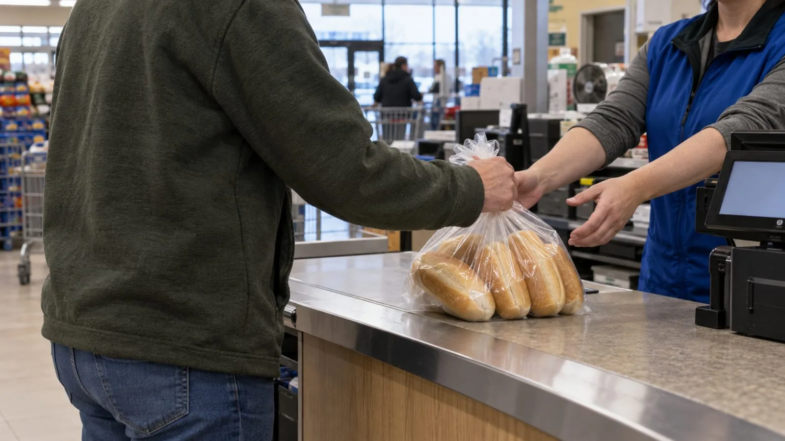 A shopper returns a bag of hoagie rolls at a grocery service counter in Boise, Idaho. (AI-generated image / EconoTimes)