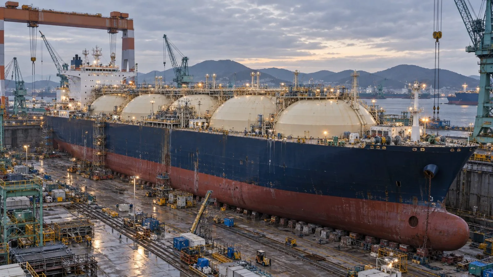 An LNG carrier stands in dry dock at Samsung Heavy Industries in Geoje, South Korea. (AI-generated image / EconoTimes)
